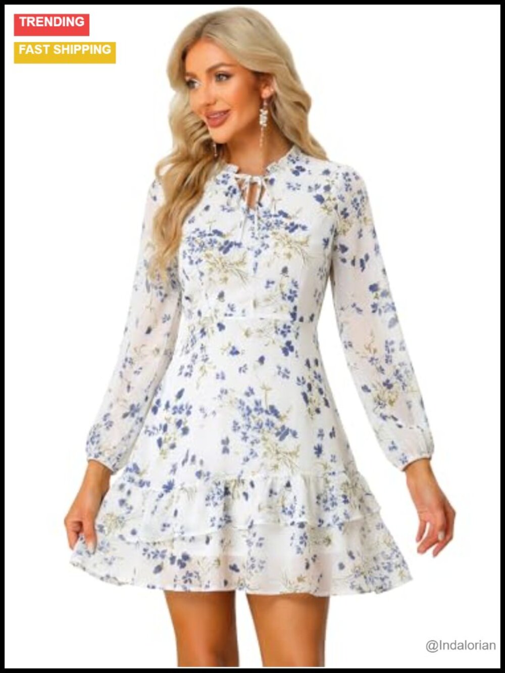 Women's Floral Chiffon Mini Dress with Tie V-Neck & Ruffle Hem